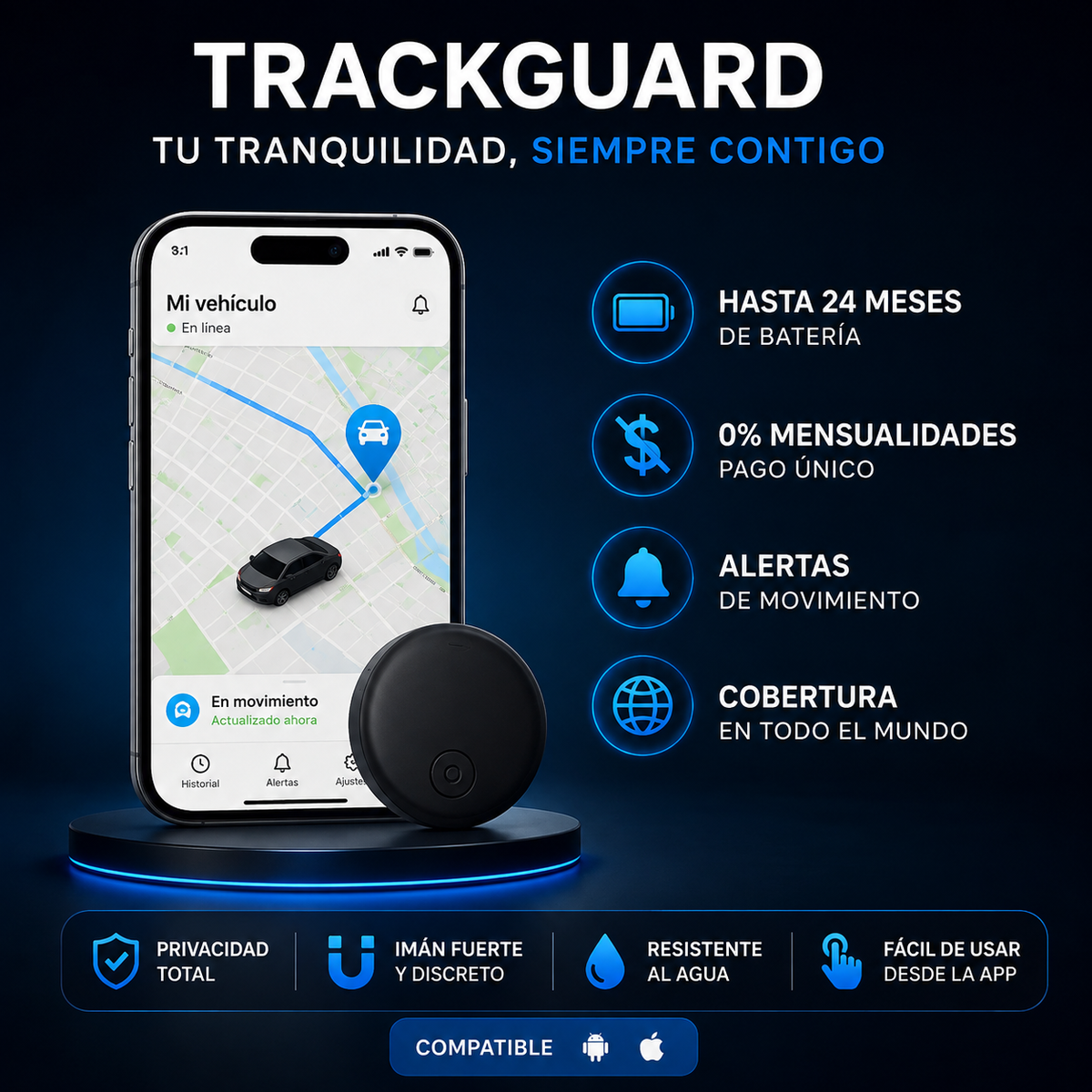 TrackGuard™ – Rastreador GPS preciso sin suscripción